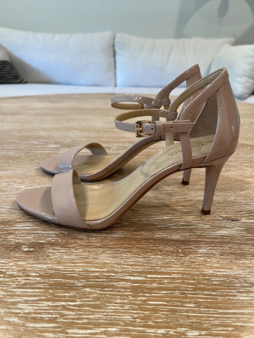 MICHAEL Michael Kors Simone Sandal Patent Leather Ankle Strap Heels – Nude/Blush